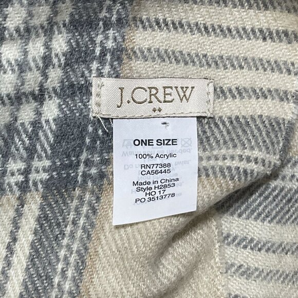 J.Crew Factory Blanket Scarf Plaid Cream Grey Fringe Nuetral One Size - Picture 4 of 7